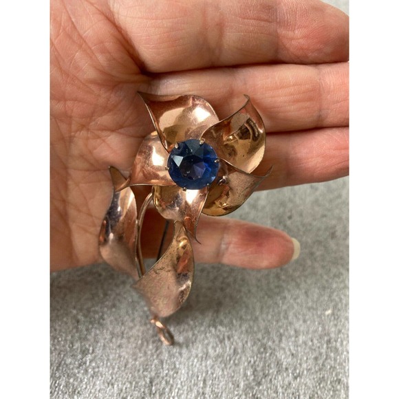 Vintage Sterling by Jordan Gold Blue Rhinestone Floral Brooch Pin Mid Century - Picture 2 of 7